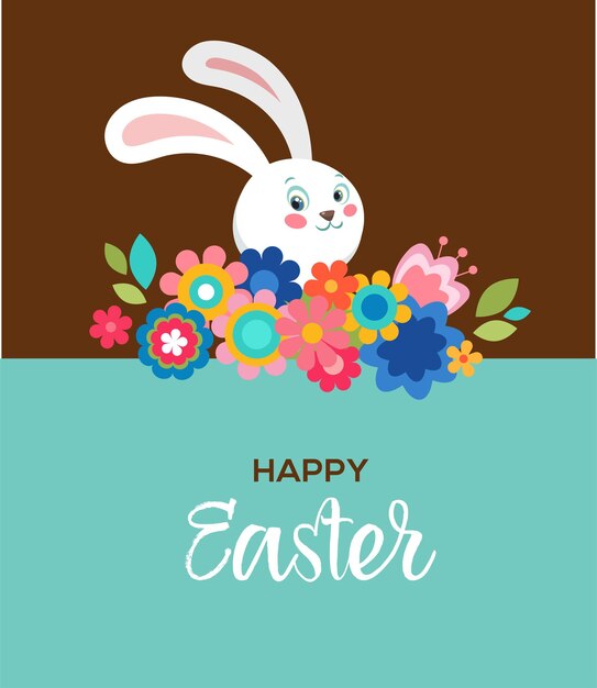 Affiche de joyeuses Pâques avec des fleurs et un lapin