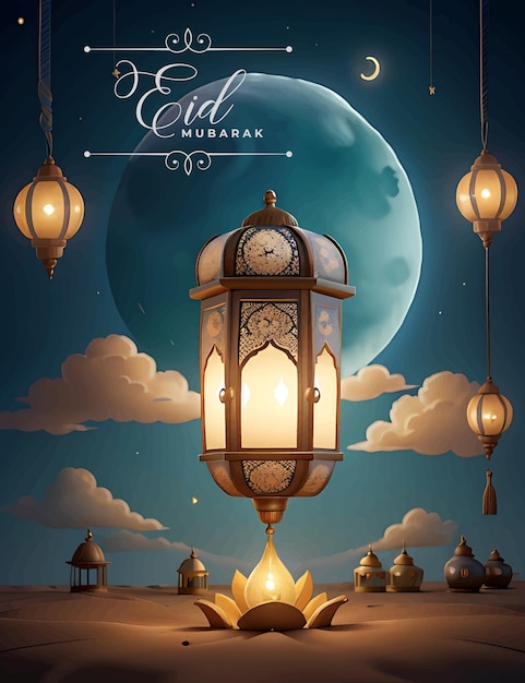 Affiche Joyeux Eid avec lanternes et lune