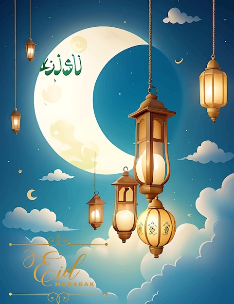 Affiche Joyeux Eid avec lanternes et lune