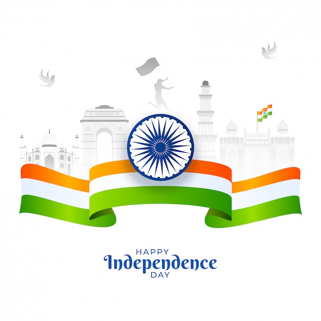 Affiche de joyeux jour de l'indépendance avec roue Ashoka, ruban de drapeau de l'Inde et monuments célèbres indiens sur fond blanc.