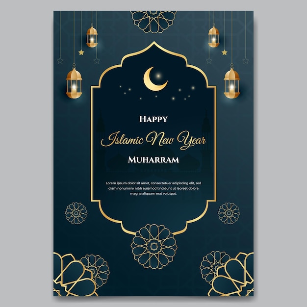 Affiche De Joyeux Nouvel An Islamique Muharram Avec Lanterne Et Illustration D'ornement Islamique