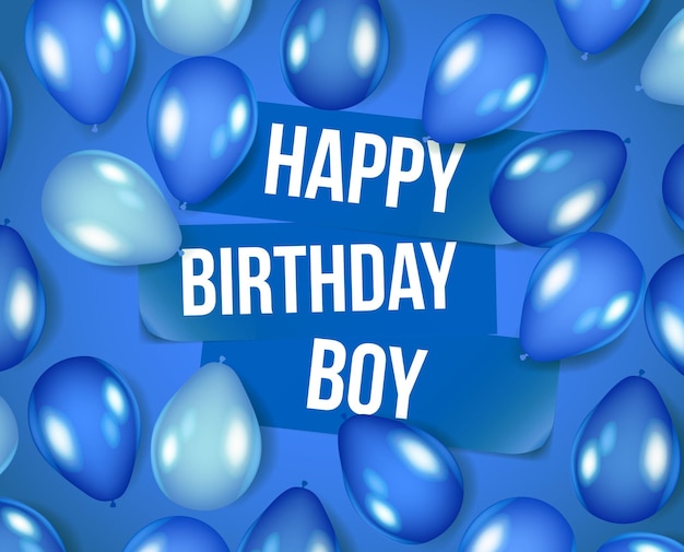 Vecteur affiche de lettrage bleu joyeux anniversaire pour garçon avec des ballons bleus brillants. groupe de ballons, message de joyeux anniversaire pour l'événement. joyeux anniversaire coloré. annonce / affiche / dépliant / carte de vœux.