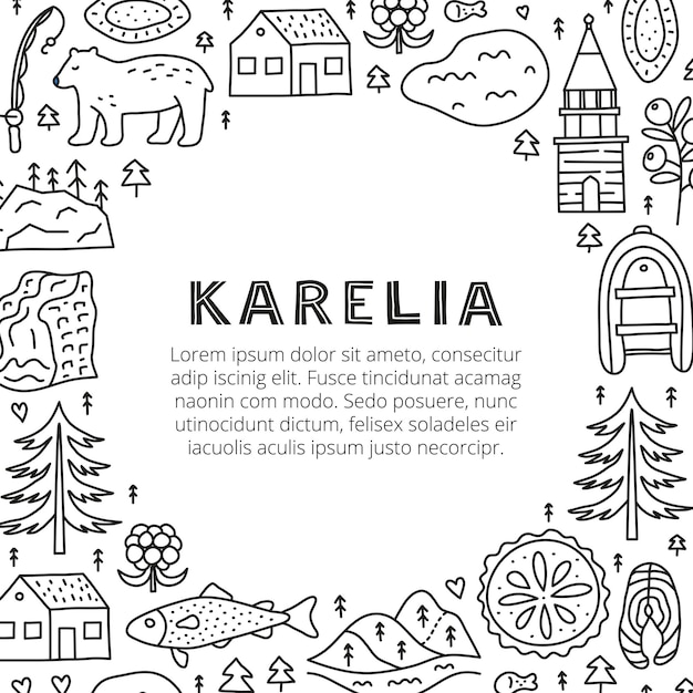 Vecteur affiche avec lettrage et contour de doodle icônes de carélie isolées sur fond blanc