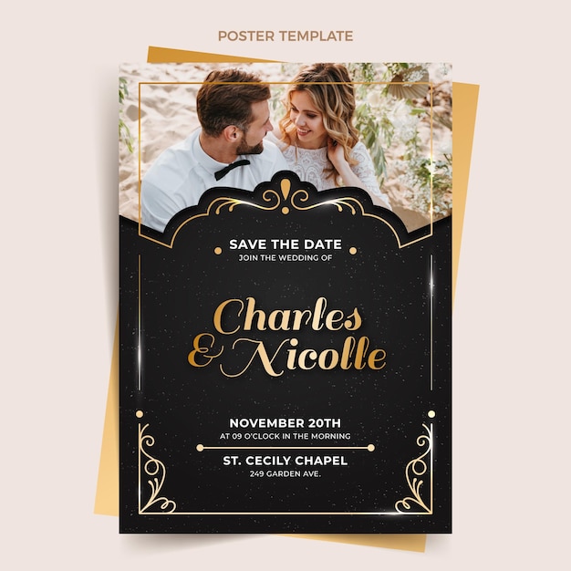 Vecteur affiche de mariage doré de luxe réaliste