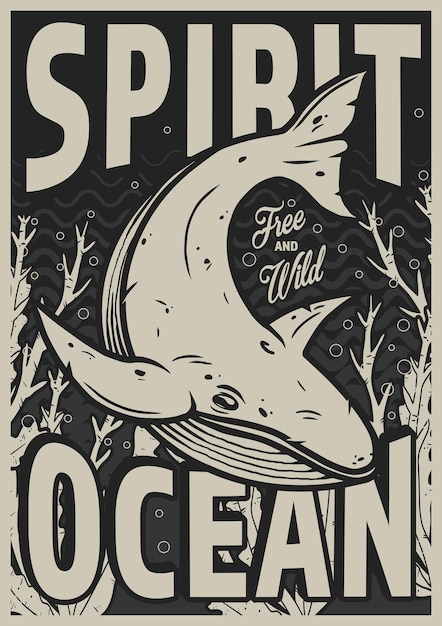 Affiche Marine Avec Baleine Et Algues Dans Les Profondeurs De L'océan Illustration Monochrome Vintage