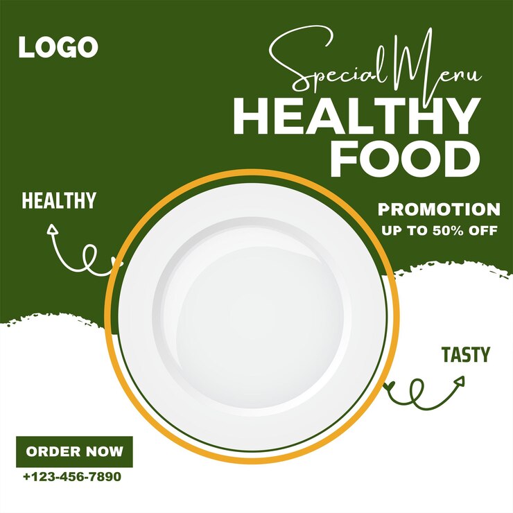 Vecteur affiche sur les médias sociaux pour la promotion de l'alimentation bannière sur les médias sociaux pour une alimentation saine instagram post
