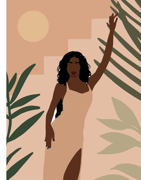 Affiche Minimaliste Boho Moderne Avec Femme De Mode Afro-américaine Et Feuilles Tropicales