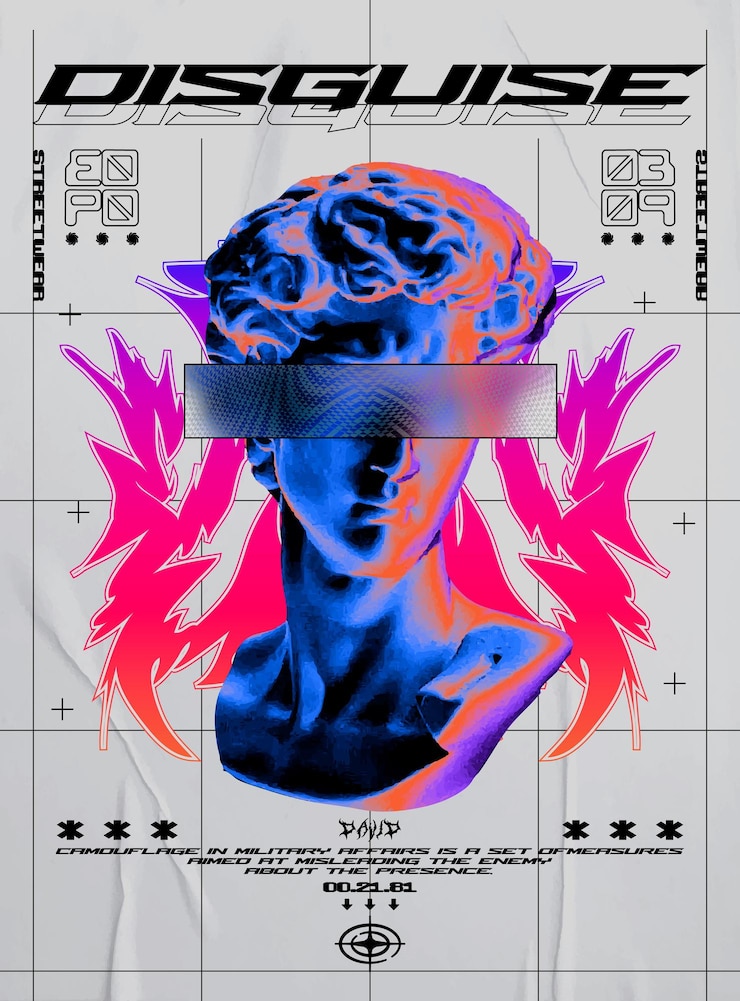 Vecteur affiche moderne avec statue et yeux flous avec déguisement de texte dans une impression élégante de style techno