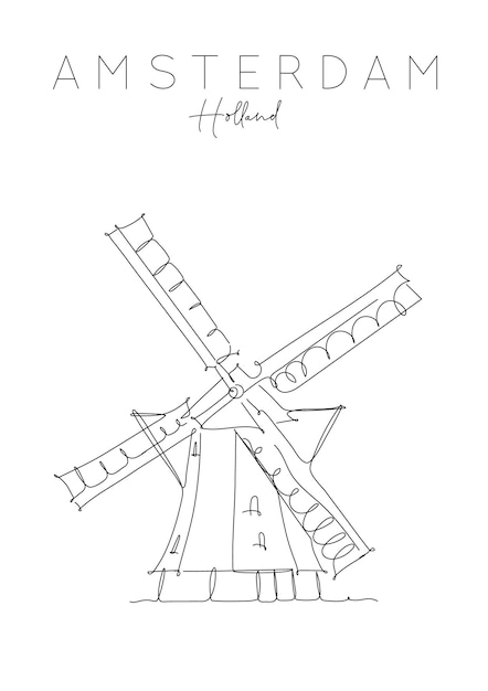 Affiche Moulin à Vent Lettrage Amsterdam Pays-bas Dessin Dans Un Style De Trait De Stylo Sur Fond Blanc