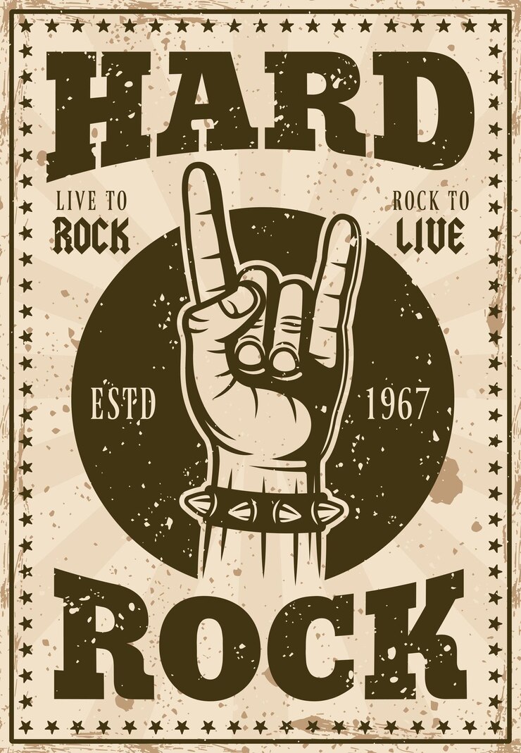 Affiche de musique avec illustration de geste de main hard rock et cornes de titre