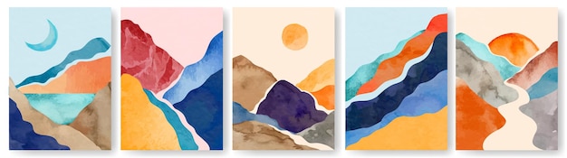 Vecteur affiche de paysage aquarelle peinture minimaliste abstraite avec des montagnes affiches d'art mural