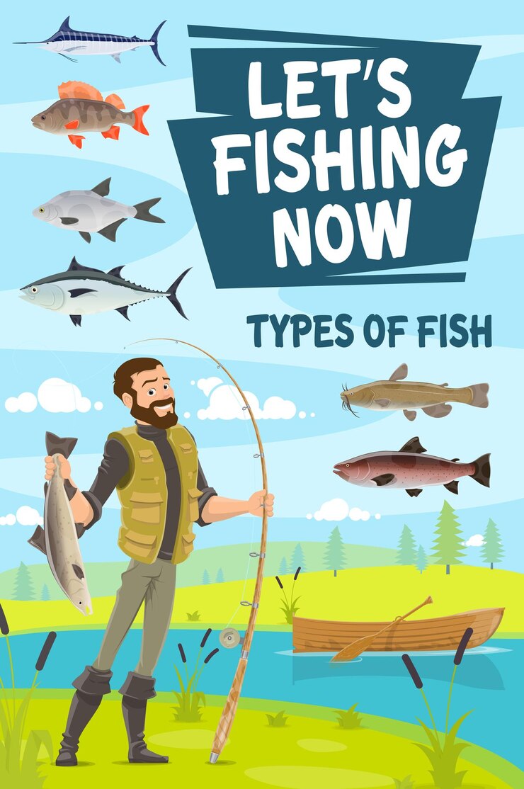 Affiche de pêche avec pêcheur tenant un brochet et une canne