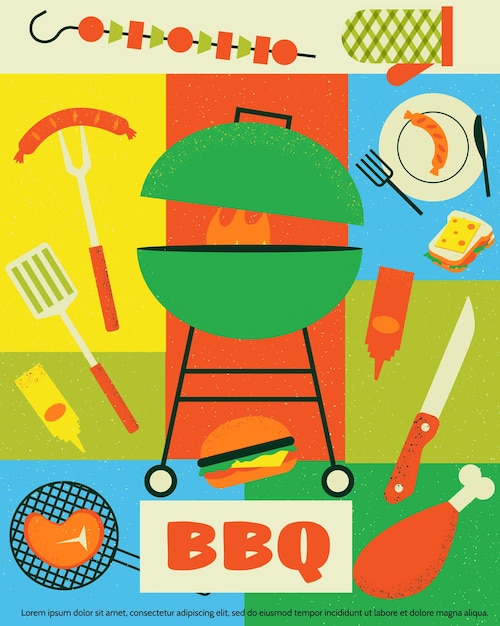 Vecteur affiche de pique-nique fond de week-end d'été de dessin animé avec panier à coups de pied nourriture et boissons de barbecue menu de grillade de restaurant concept de flyer de barbecue illustration vectorielle de loisirs de plein air de camping