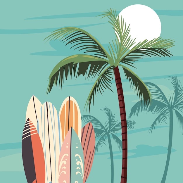 Affiche plage et planche de surf