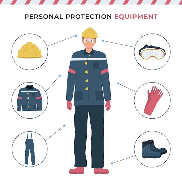 Affiche plate d'équipement de protection individuelle avec travailleur masculin portant un casque de protection vêtements gants bottes lunettes illustration vectorielle