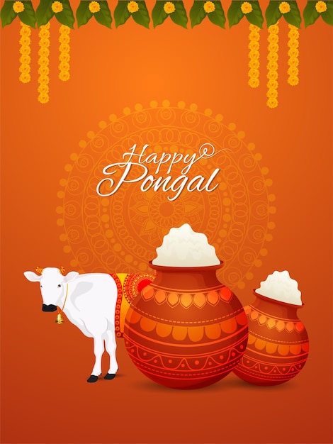 Affiche Pongal Avec Pot De Boue Créatif Et Vache