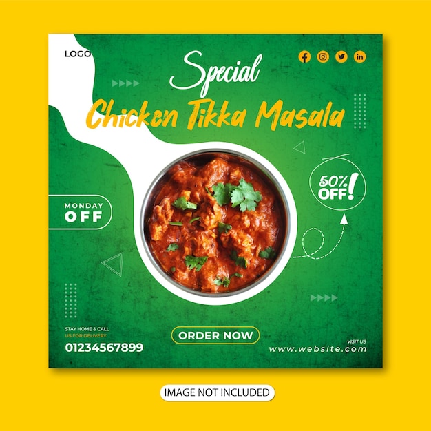 Vecteur affiche de poulet tikka masala ou modèle de publication sur les réseaux sociaux