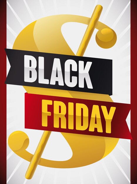 Vecteur affiche pour le black friday avec un symbole d'argent doré, des rubans sombres et rouges annonçant les offres de cette journée