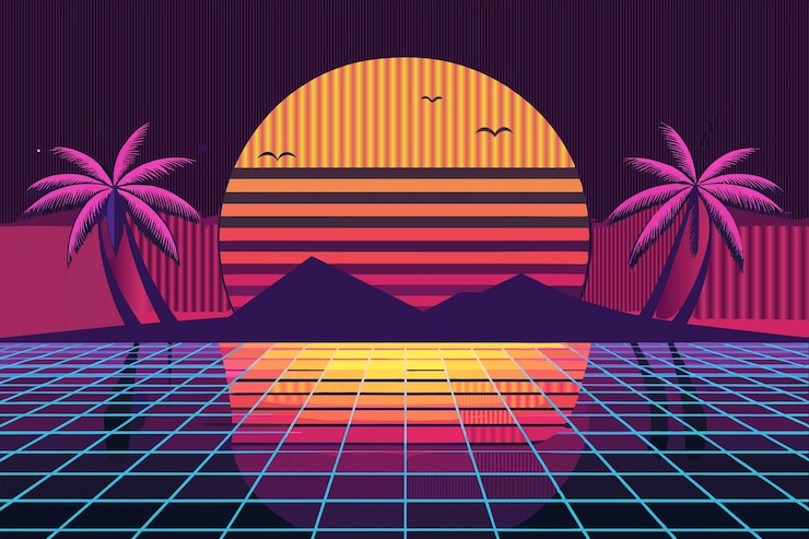Vecteur une affiche pour un coucher de soleil avec des palmiers et des montagnes en arrière-plan