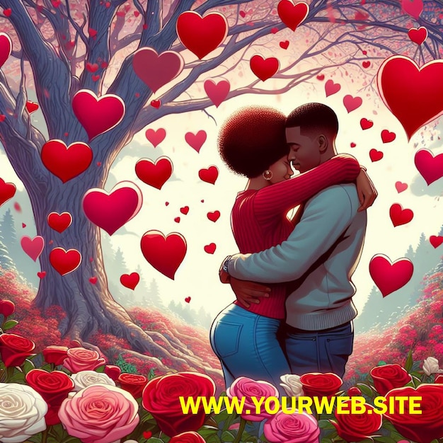 une affiche pour un couple avec des cœurs et un couple assis sous un arbre