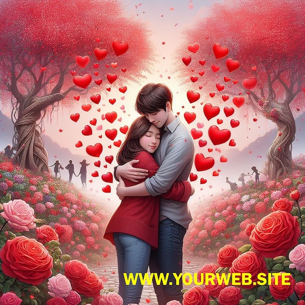 une affiche pour un couple qui s'embrase et un couple qui se baise dans un champ de fleurs