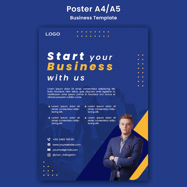 une affiche pour le début de l'entreprise avec un homme dans un costume