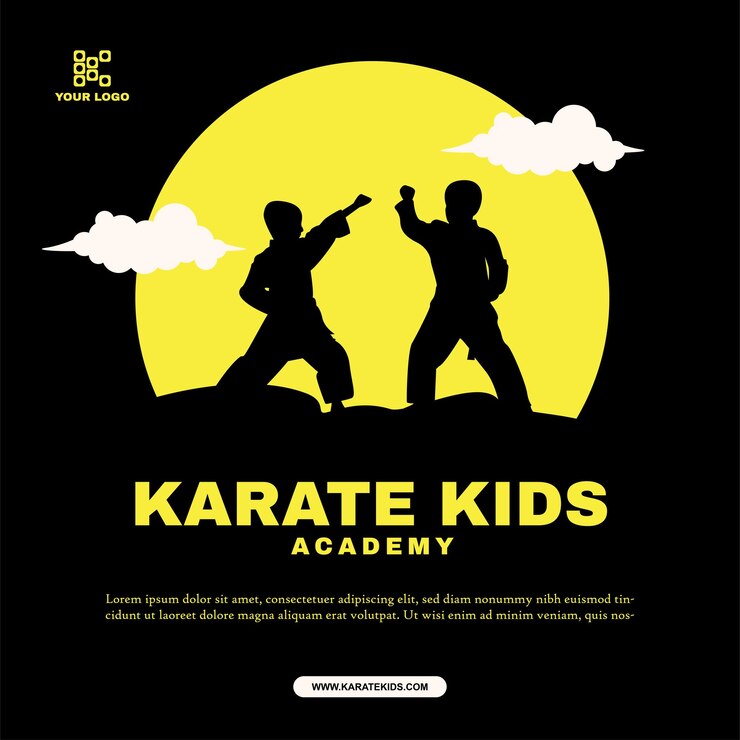 Affiche pour enfants de karaté noir et jaune avec modèle de nuage