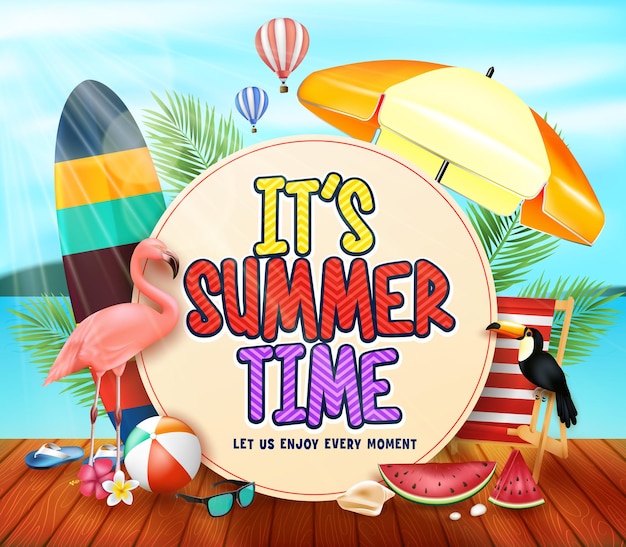 une affiche pour l'été avec une scène de plage et un parapluie de plage