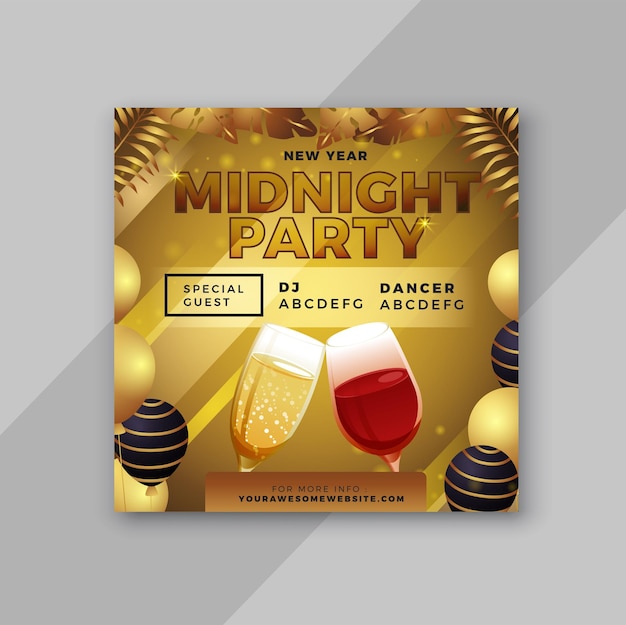 Une affiche pour la fête de minuit avec deux verres de vin et une boule d'or.