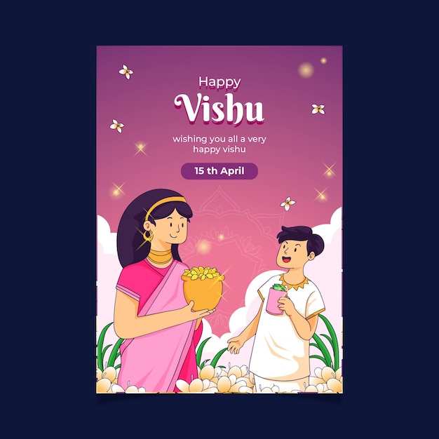 Vecteur une affiche pour happy vishu avec un panier de légumes et de fruits