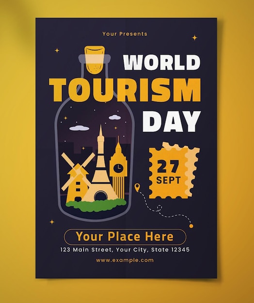 Vecteur une affiche pour la journée mondiale du tourisme est affichée sur fond jaune.
