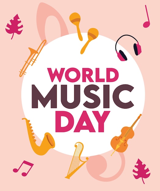 Vecteur affiche pour la journée mondiale de la musique avec des notes de musique et une note de musique