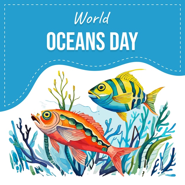 Une affiche pour la journée mondiale des océans avec un poisson et un fond bleu.