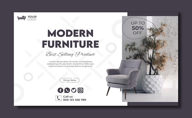 une affiche pour des meubles modernes avec un fond blanc qui dit meubles modernes