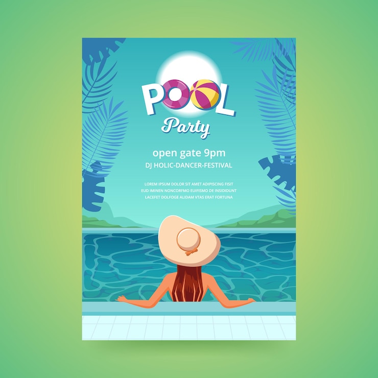 Vecteur une affiche pour une piscine avec un homme dans un chapeau sur l'eau