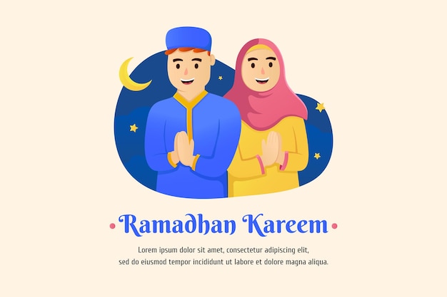 Une Affiche Pour Le Ramadan Kareem Avec Une Femme Et Un Homme En Robe Rose.