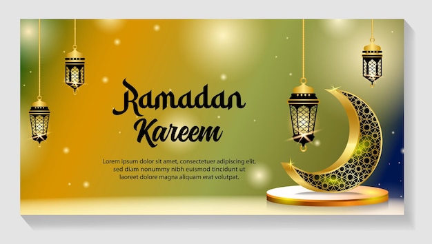 Vecteur une affiche pour le ramadan kareem avec une lanterne et une lune dorée.