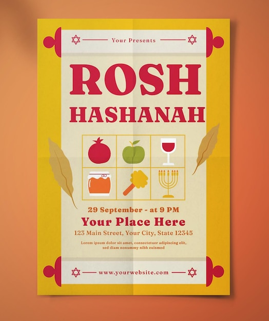 Vecteur une affiche pour rosh hashanah avec un fond jaune.