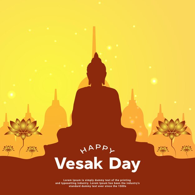 Vecteur une affiche pour le temple du jour de vesak avec une image d'une statue et des fleurs dessus