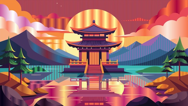 une affiche pour un temple avec des montagnes et des montagnes en arrière-plan