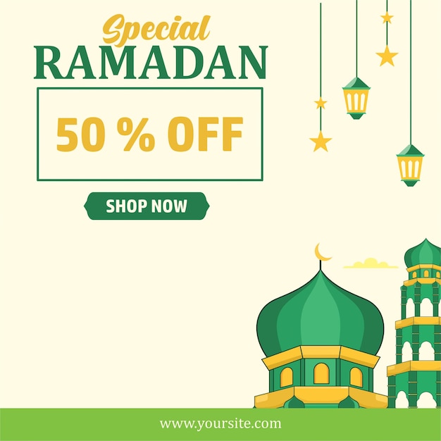 Une affiche pour une vente de ramadan avec mosquée