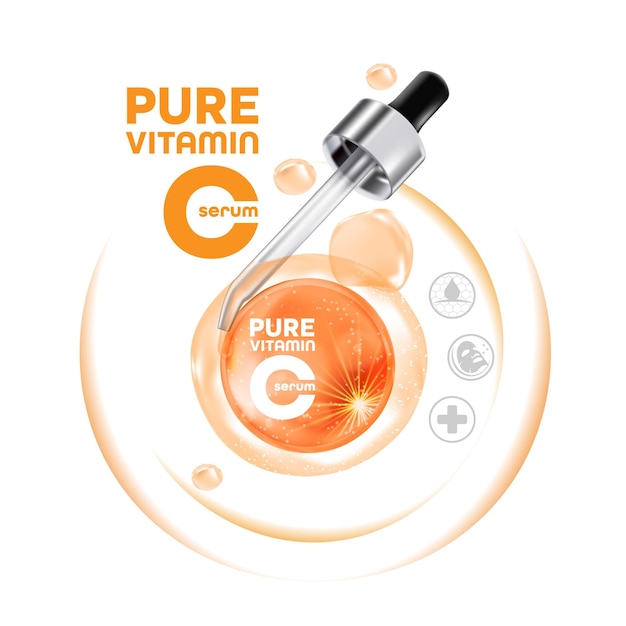 Vecteur une affiche pour la vitamine c pure avec une bouteille de vitamine c pure.