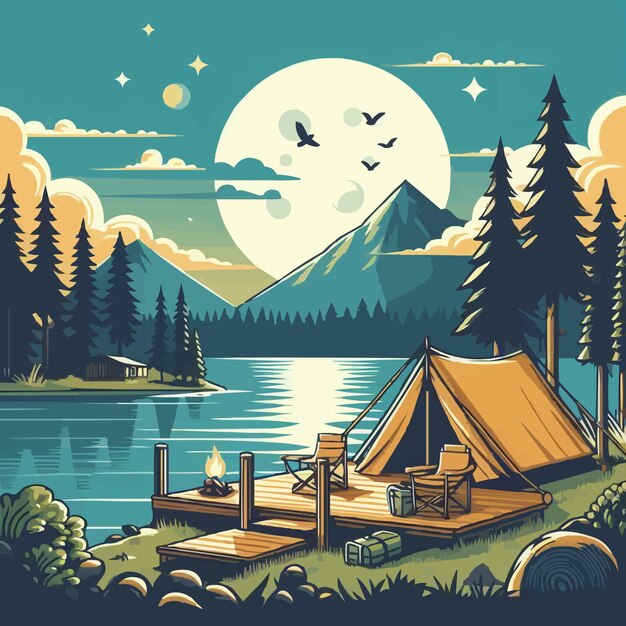 une affiche pour un voyage de camping avec une tente et un lac avec une montagne en arrière-plan