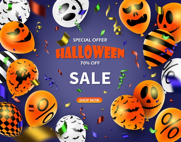 Affiche De Promotion De Vente D'halloween Avec Des Bonbons D'halloween Et Des Ballons Fantômes D'halloween. Idéal Pour Bon, Offre, Coupon, Vente De Vacances.