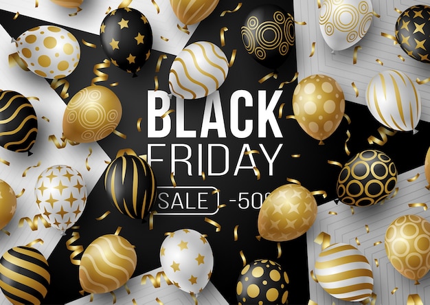 Affiche De Promotion De Vente Vendredi Noir Ou Bannière Avec Des Ballons. Offre Spéciale 50% De Réduction Sur La Vente Dans Le Style De Couleur Noire Et Dorée. Modèle De Promotion Et D'achat Pour Le Black Friday