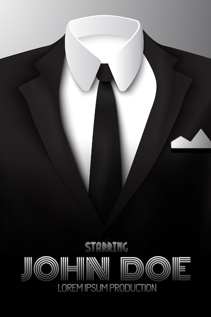 Affiche publicitaire de costume d'affaires masculin avec cravate noire et chemise blanche