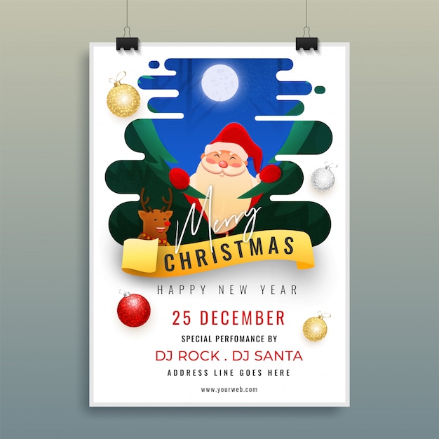 Affiche Publicitaire Ou Flyer Avec Le Père Noël, Le Renne Et Les Détails De L’événement Pour Une Célébration Joyeuse De Noël.