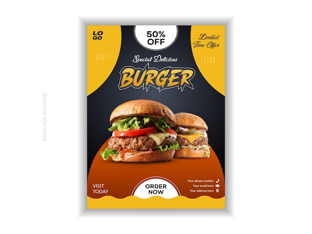 Affiche publicitaire de hamburgers au design jaune et noir vibrant