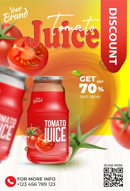 L'affiche de la publicité du jus de tomate est décorée de divers éléments
