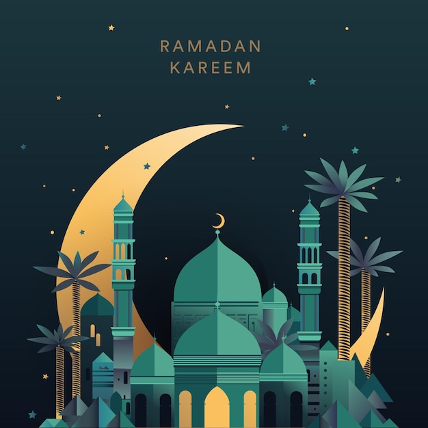 Affiche De Ramadan Kareem Avec Une Mosquée Bleue Lune Ciel Nocturne Et Palmiers Illustration Vectorielle